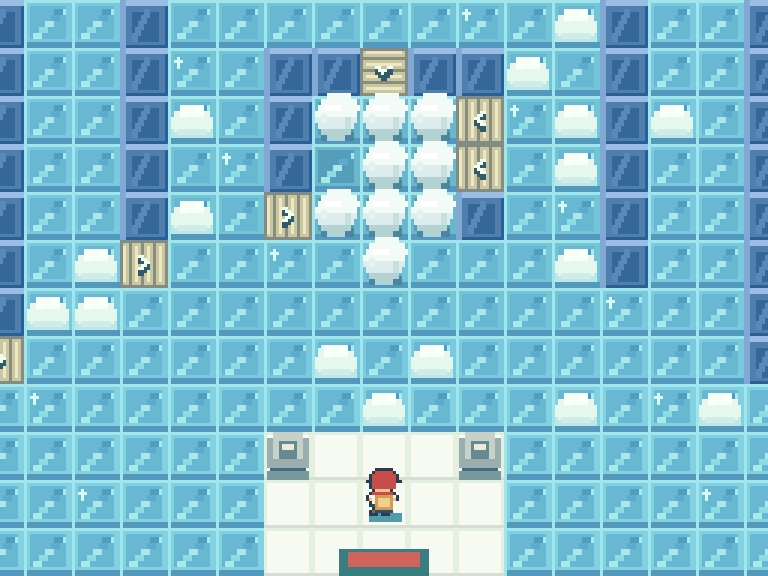 Pixel-art Snowpoint rink with icy ramps, snowballs, and a red-capped player